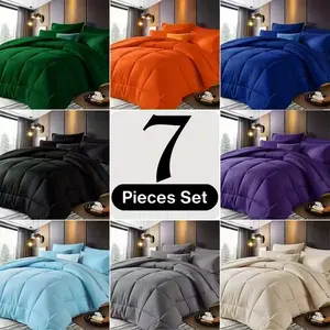 5/7pcs Luxurious Checkered Comforter, Soft Microfiber, Lightweight, Breathable, Easy Care-And Bed In A Bag Convenience for All Seasons, with Comforter, Flat Sheet, Fitted Sheet, And Pillowcases, Bed In A Bag Queen And King Size,  Allseason Bedding