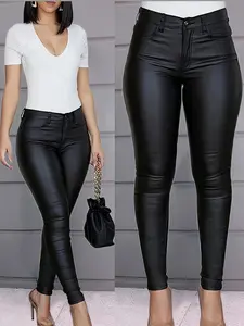 Women's High Waist Elastic Button Shaping Butt Lifting PU Leather Tight Fit Pants, Perfect for, Parties & Nightclubs Womenswear