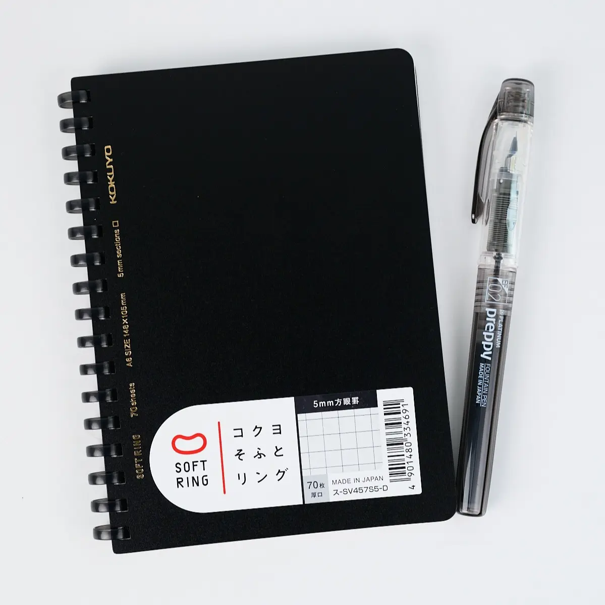 Minimalist Desk Set: Kokuyo Soft Ring A6 Pocket Journal + Platinum Preppy 0.2mm Fountain Pen | Japanese School & Office Journaling Supply