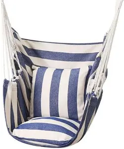 Hammock Chair Large Hanging Rope Swing Seat Chair with Cushions Pocket Max 350 Lbs Comfortable for Indoor Outdoor Bedroom Garden Patio Yard Spreader Bar Blue and White Durable Material