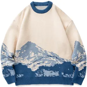 Men's Classic Cotton Hip-Hop Harajuku Vintage Japanese Snow Mountain Knitted Pullover, Simple Formal Matching Winter Casual Streetwear Sweater