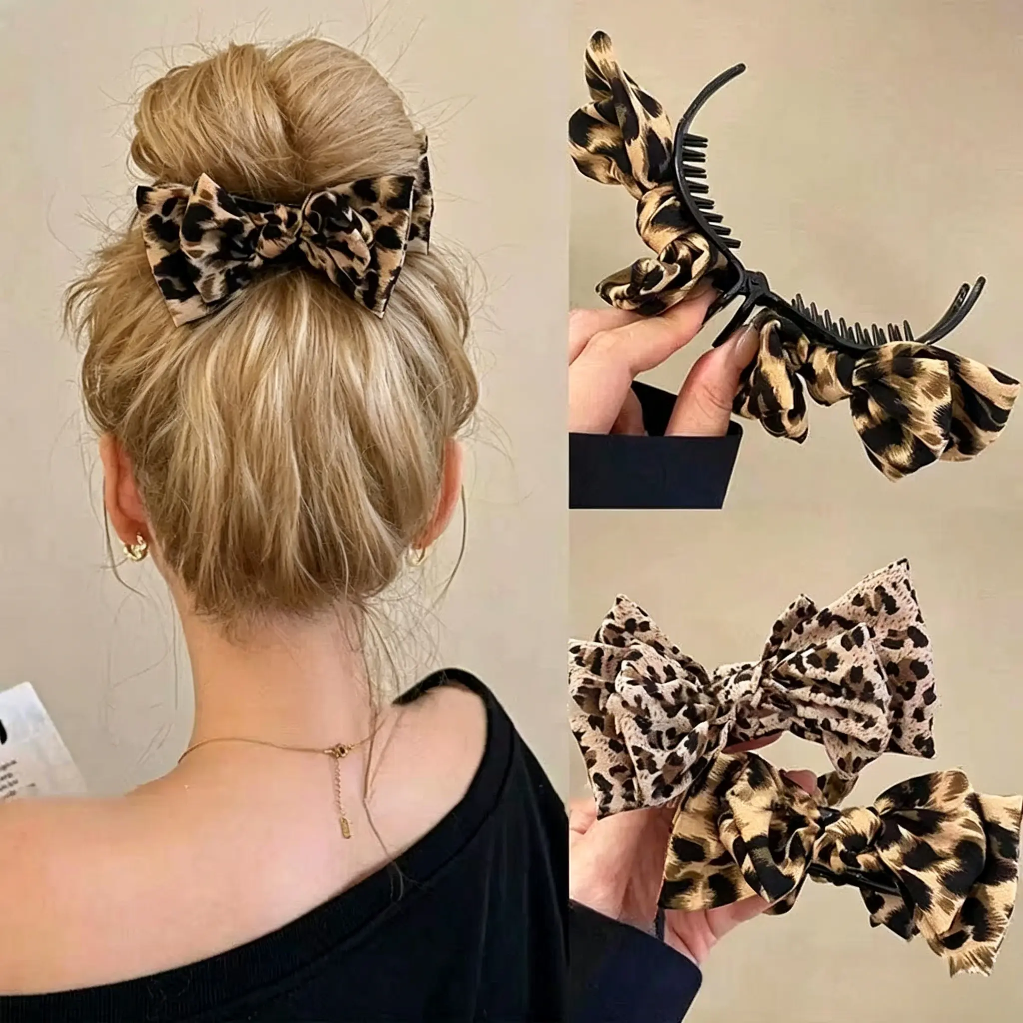 2Pcs/Set Vintage Leopard Print Bow Banana Hair Clips for Women, Fabric Bow Jaw Barrettes, Retro Plastic Hair Accessories for Daily Commute, Party & Halloween Holiday Outfit