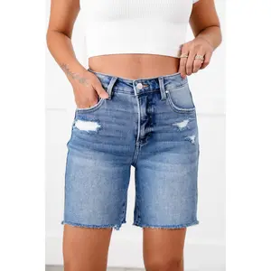 Risen Medium Wash Tummy Control Loose Fit Mid Length Shorts