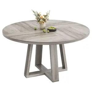 Garvee Round Dining Table for 4-6 People, 47-Inch Circular Farmhouse Wood Table with Sturdy Cross Base, Ideal for Apartment Kitchen or Living Room, Grey Finish (Table Only)
