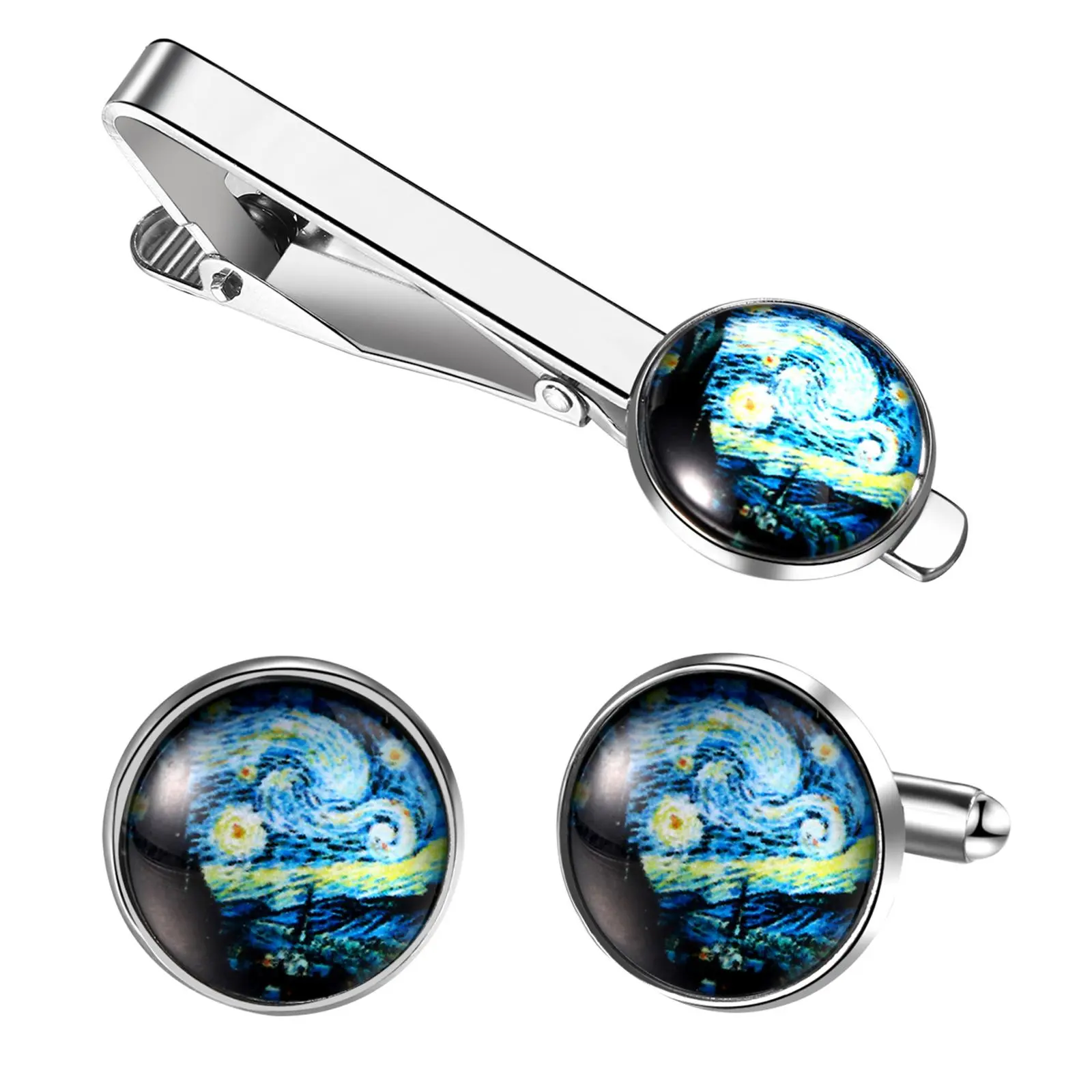OIDEA Cuff Links and Tie Clip Set for Men, Elegant Formal Alloy Accessories with Classic Van Gogh Starry Night Art, Anniversary Birthday Gift, Male, Cufflinks, Father's Day, Artistic Look, Van Gogh Print, Jewelry Sets