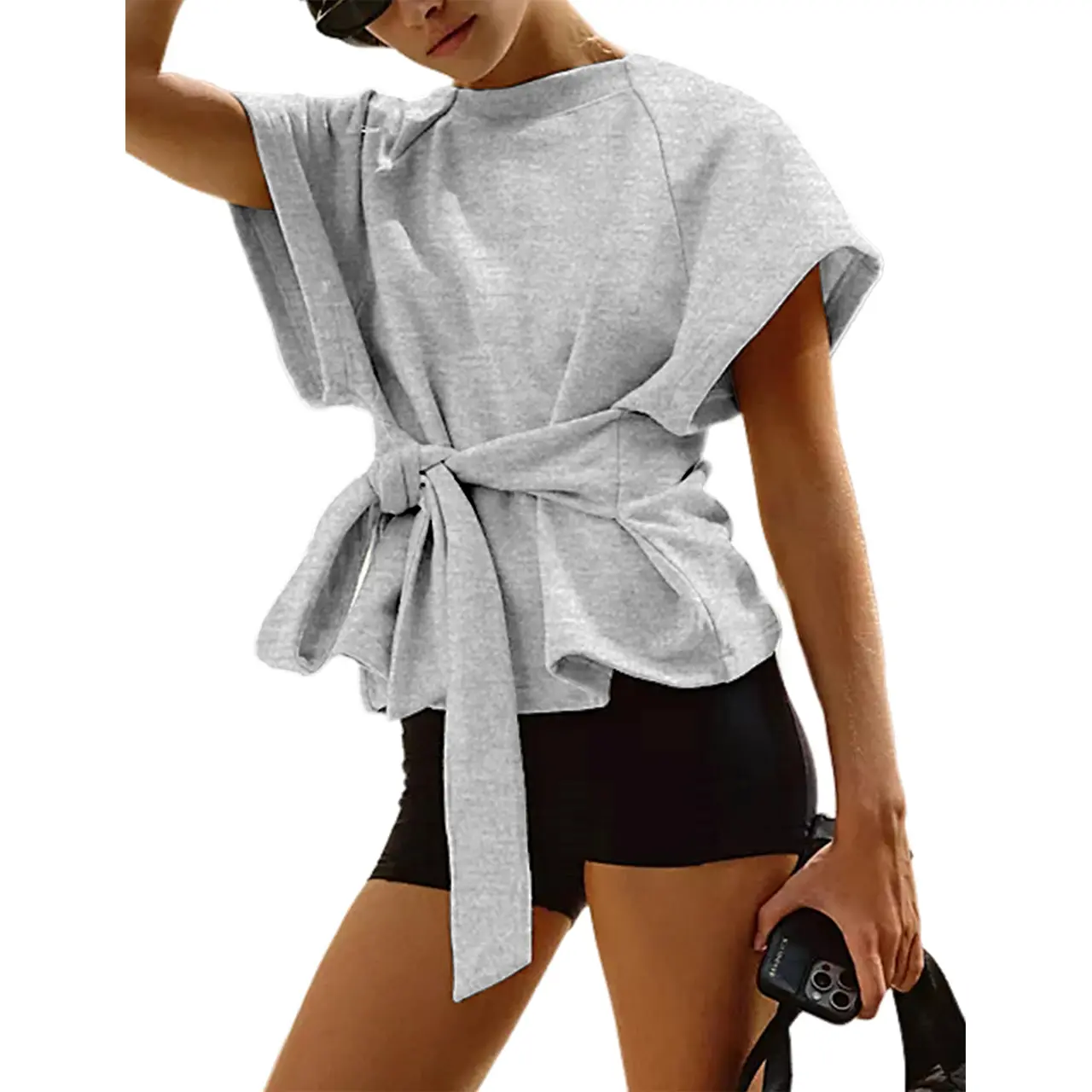 Hixiaohe Women's Summer Short Sleeves Tee T Shirt Crewneck Tie Knot Tops Sweatshirt