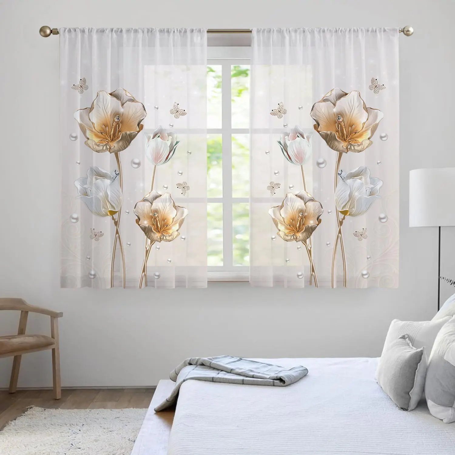 Floral Pattern Curtain, 2 Counts/set Exquisite Elegant Short Curtain, Window Curtain for Kitchen Bathroom Small Half Window, Home Decoration Curtain