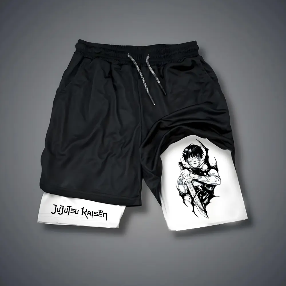 Jujutsu Kaisen 80s 90s Double-Layer Sports Shorts Graphic Shorts Black Camo Streetwear Shorts Men Outfits Men Vacation Outfits Shorts