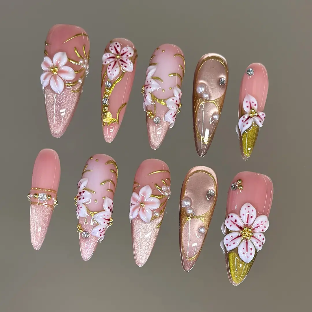 NailVesta CHAMPAGNE BLOSSOM – 100% Handcrafted 3D Press-On Nails | Reusable, Long-Lasting, Salon-Quality black lace nail art nail art