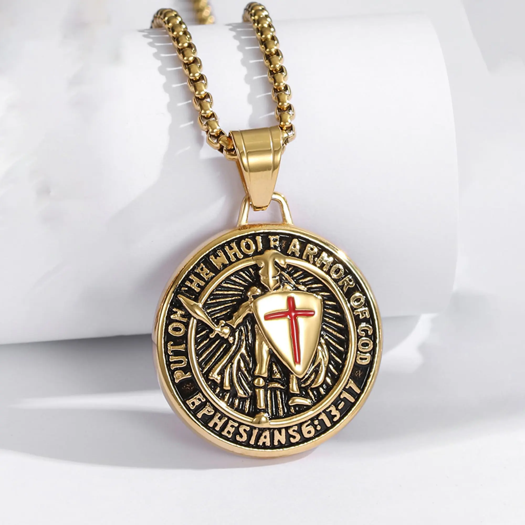 Unisex Armor of God Necklace with Long Chain - Stainless Steel & Gold-Plated Knight Round Pendant, Engraved Ephesians 6 Scripture Faith Jewelry, Birthday Gift Ideas, Anniversary Christmas Engagement Fashion Jewelry Bag Accessory