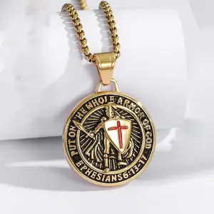 Unisex Armor of God Red Cross Design Stainless Steel Necklace - Religious Amulet, Ephesians 6:13-17, Gold Plated Pendant, Fashion Jewelry Bag Accessory, Knight's Protection Necklace, Birthday/Valentine's Day Gift with Maintenance Tips