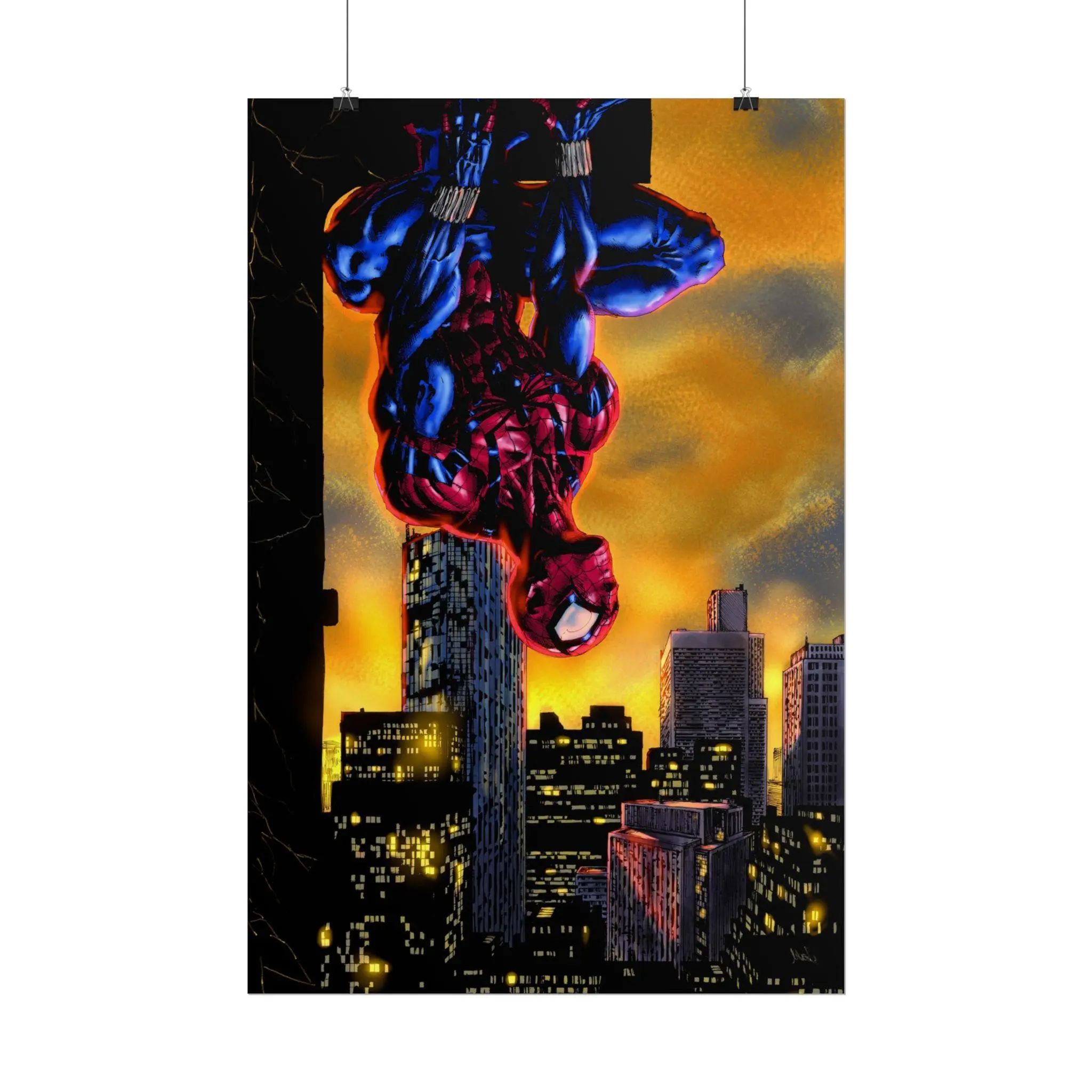 Comic Style Superhero Poster, Red Blue Masked Hero Wall Art, Urban Sunset City Print, Action Decor for Bedroom, Game Room & Man Cave