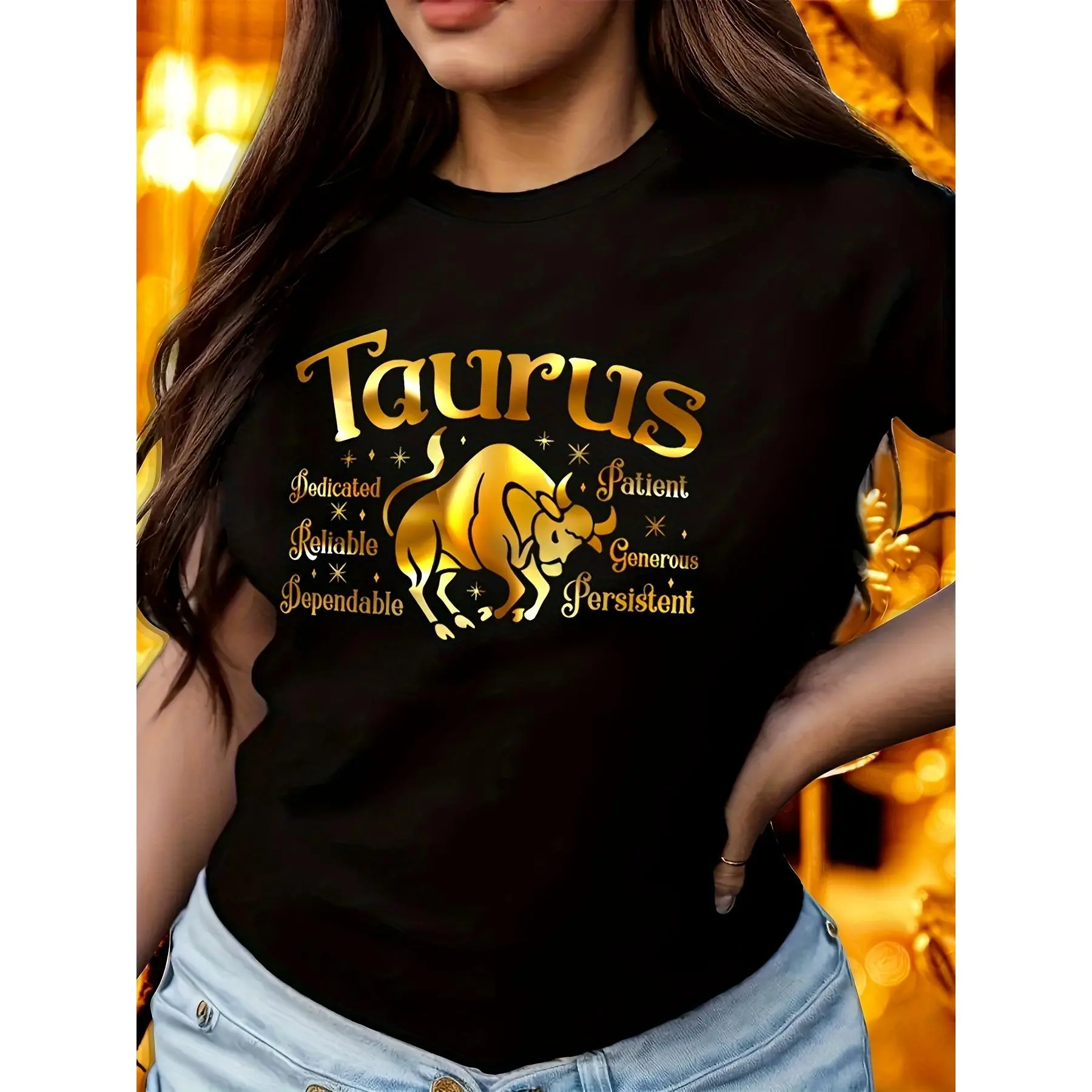 Women's 100% Cotton Casual Taurus Graphic T-Shirt - Short Sleeve, Round Neck, Golden Zodiac Print, Astrological Fashion Knitted Draped Top, Crew Neck