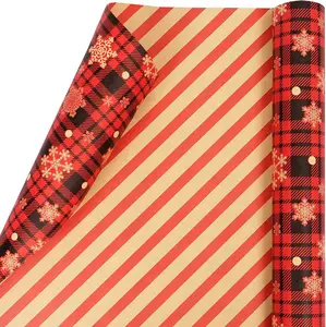 Reversible Christmas Wrapping Paper - 17 Inch x 33 , Classic Red and Black Plaid with Snowflake  Christmas Wrapping Paper Roll, Holiday  Wrap Paper for  Men Women