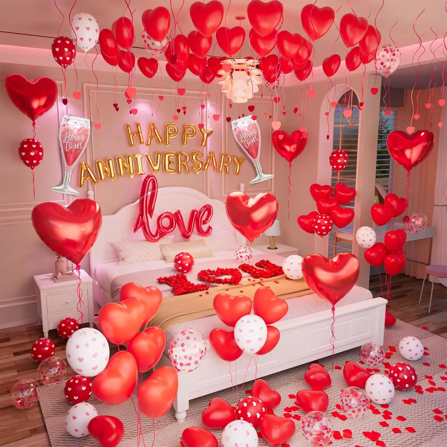 Fall Halloween Gift Romantic Anniversary Decorations: Heart Balloons, Christmas, Happy Anniversary Banner and Rose Petals for Celebration