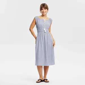 Women's Cap Sleeve Tassel Drawstring Midi Dress - Universal Thread Blue Striped L
