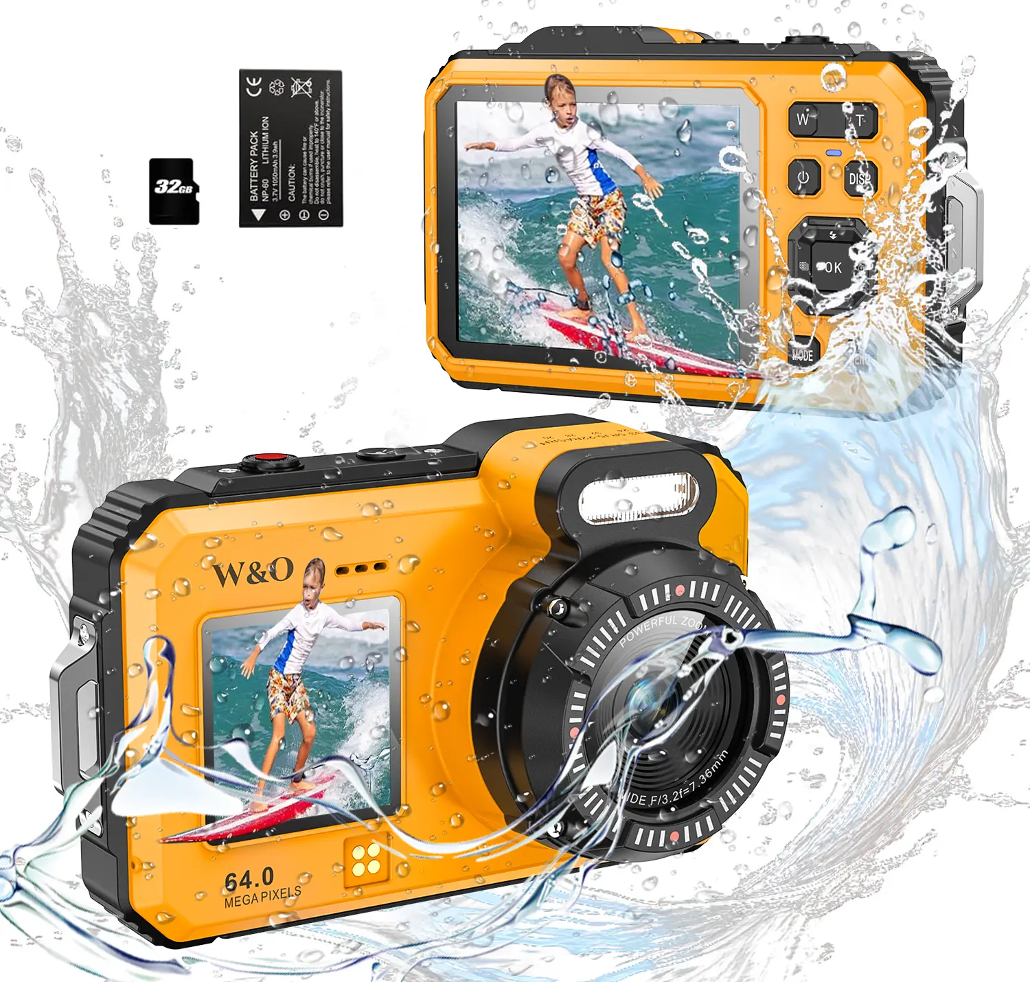 4K Underwater Camera, UHD 64MP Point and Shoot Digital Camera, 16FT Waterproof Camera with 32GB Card, Auto Focus Waterproof Dual-Screen Selfie 2500mAh Battery, 18X Floatable Digital for Snorkeling