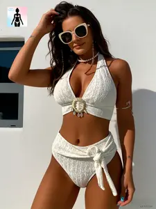 Aura Swim Women's 2-Piece Textured High-Waisted Tummy Control Swimsuit Set, Solid Color with Shell Decor, Deep V-Neck Halter Tie Knot, Stretch Fabric, Flattering Cut, Multi-Size for Summer Beach, Pool Parties,summervibes