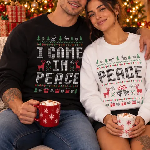 I Come in Peace | Peace Funny Christmas Sweatshirts for Couples Matching Christmas Sweatshirt Husband Wife Girlfriend and Boyfriend Couple Ugly Christmas Sweater I Come In Peace Funny Holiday Crewneck Gift for Couples Clothes Comfy
