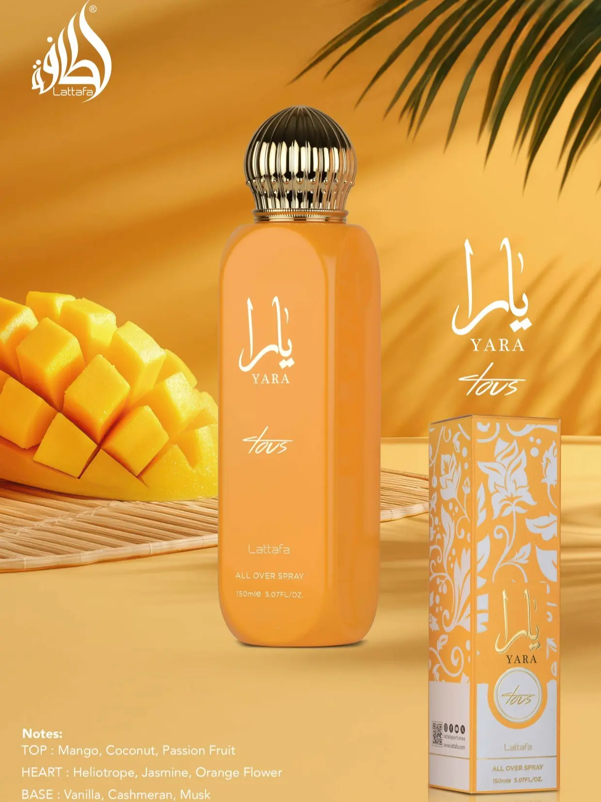 Lattafa Yara Tous Alcohol-Based All Over Spray - 150ml (5.07 fl oz) Tropical Blend Men's Fragrance Perfumes, Bottle-Shaped, Orange-Flavored, Vanilla-Flavored, Packaged Single Item, Bottle-Shaped Men's Fragrance