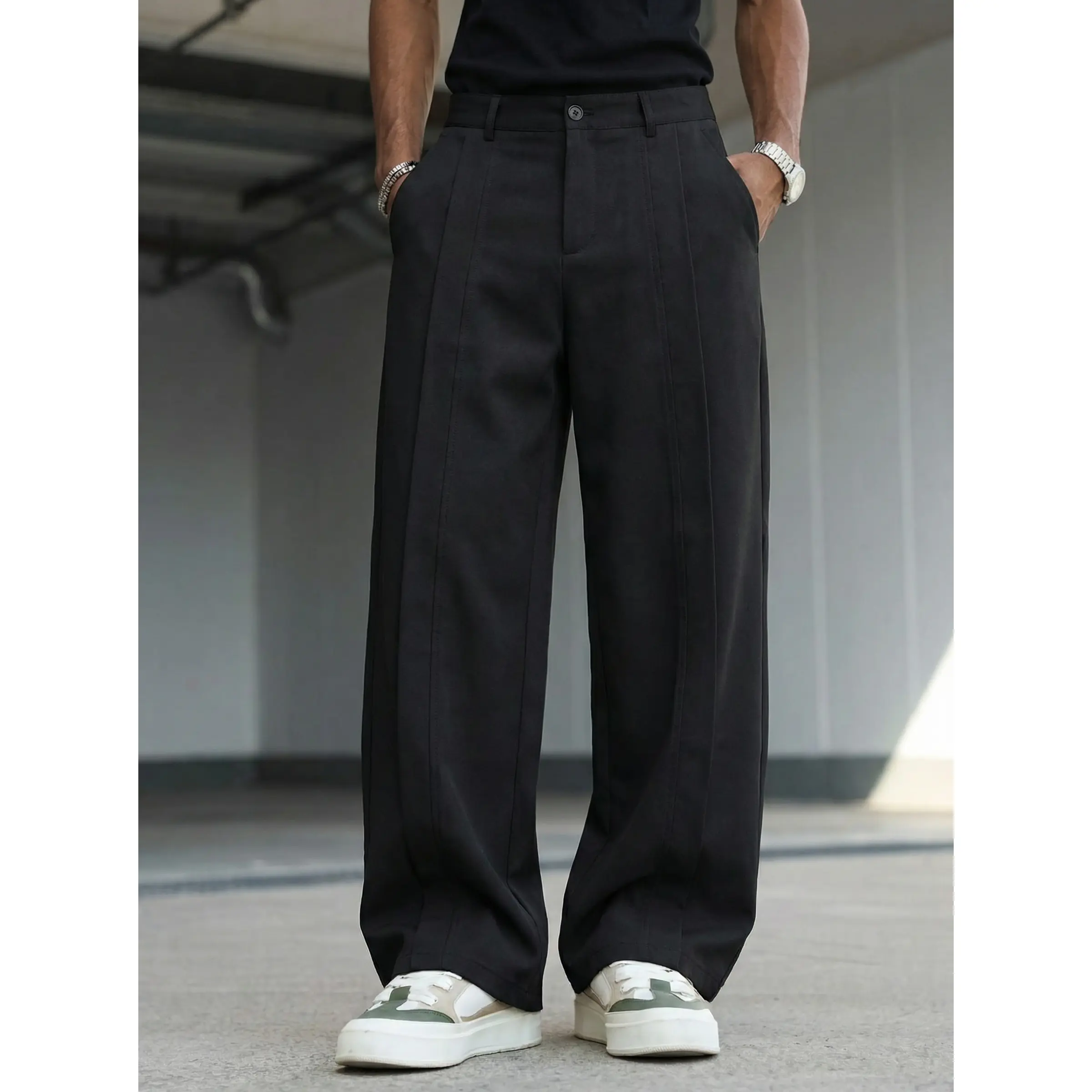 Men's High-Waist Black Pleated Wide-Leg Dress Trousers - Menswear Oversized Streetwear Slacks with Fabric Texture, Pockets, Alphabet Print, Loose Fit for 18-35 Guys, Day & Smart Casual Occasions, Modern High-Waist, Vibe, Button
