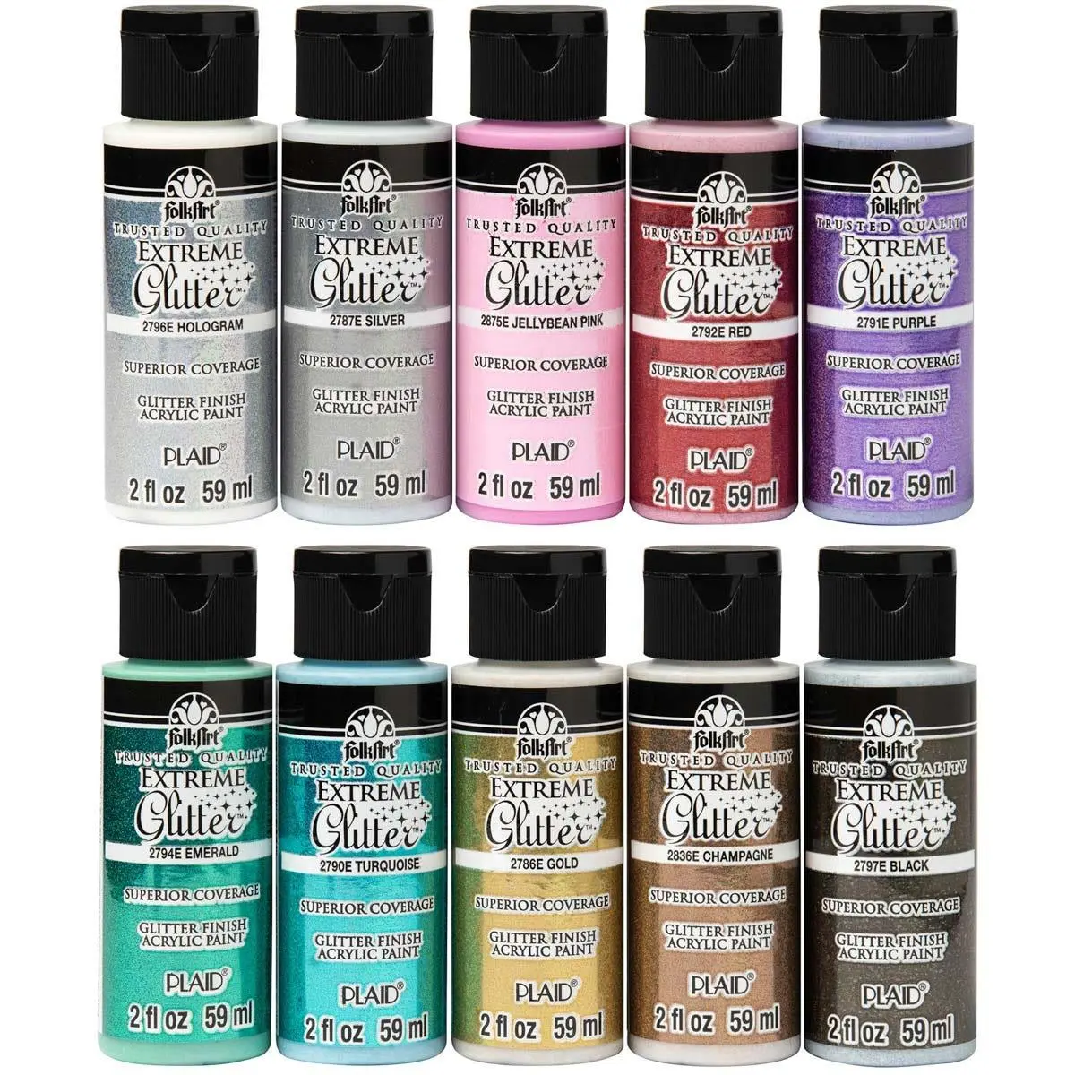 FolkArt Extreme Glitter Acrylic Paint Set, 10 Colors (2 oz), Water-Based Craft Paint with Glamorous Sparkle Finish, Easy Clean Up, Includes Black & Gold, Bottle, Crafts, Champagne, Emerald, Sparkling, Decorative, Hologram, Jellybean Pink