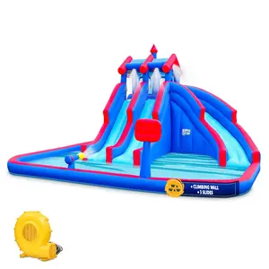 Sunny & Fun Mega Sport Inflatable Water Slide Park W Climbing Wall Triple Slide Pool Red Blue Durable Nylon Fabric Easy Assembly Deflation Storage