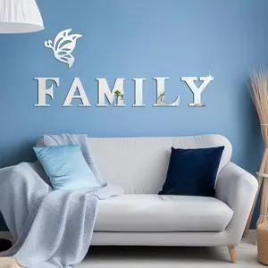 Silver FAMILY letter logo butterfly acrylic mirror wall sticker, Decorative wall sticker, shatterproof self-adhesive wall decoration, suitable for porches, living rooms, bedrooms, offices, feature wall decor, home decoration