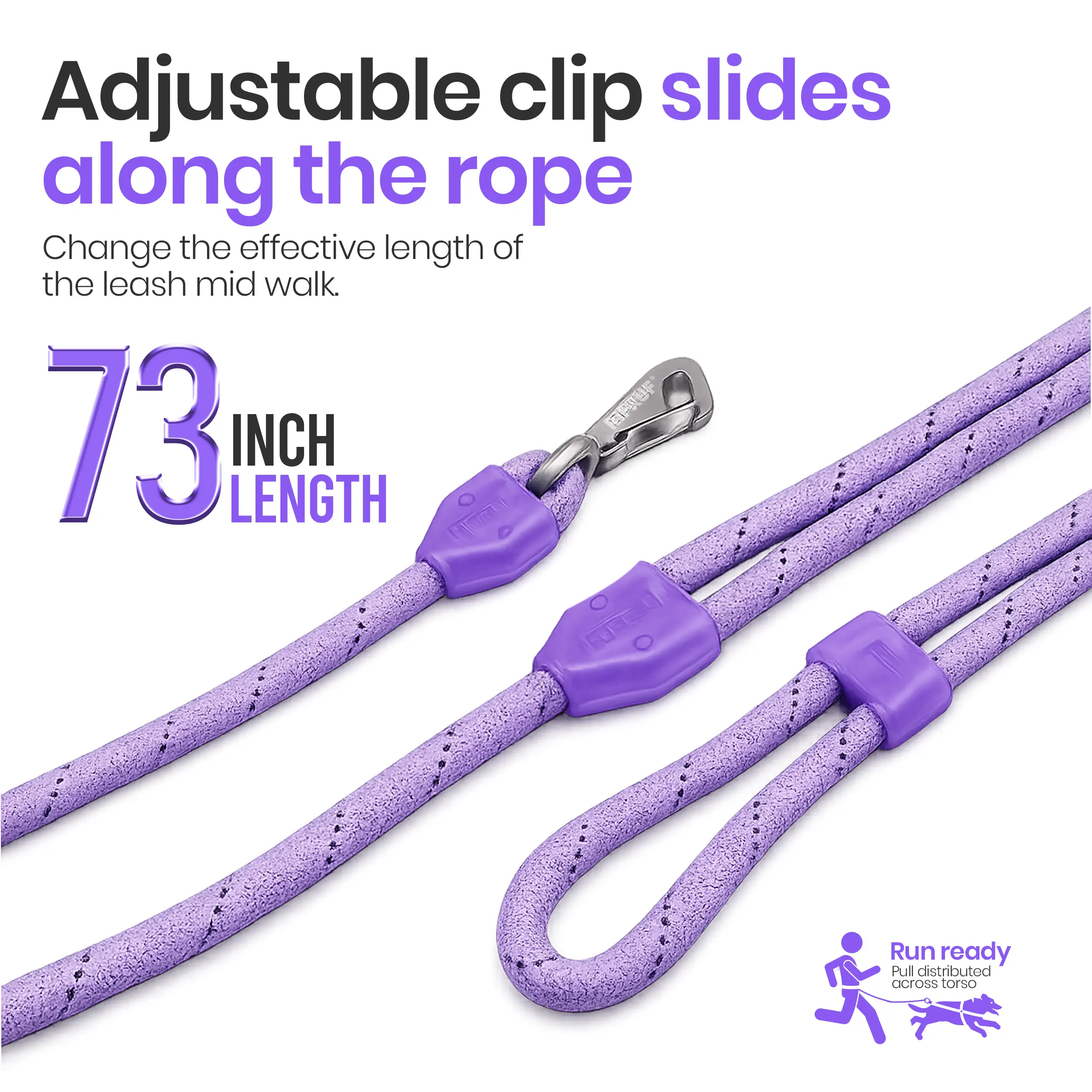 73" Adjustable Hands-Free Commuter Dog Lead - Reflective Rope, Convenient Sliding Clip, Leash Included