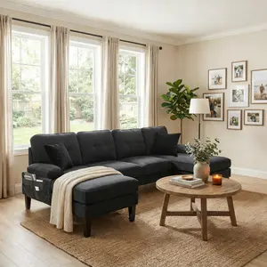 U-Shaped Sectional Sofa with Double Chaise, 100'' Minimalist 4-Seater Couch with 2 Pillows, Sofa Set with Arm & 2 Side Pocket for Living Room, Apartment