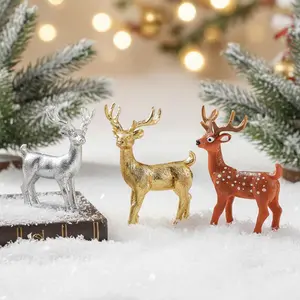 3pcs Christmas Decorations, Realistic Deer Reindeer Miniature Ornaments, Colorful Resin Home Garden Decoration, Holiday Micro Landscape House