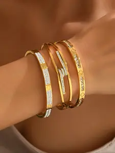 Trendy geometric diamond stainless steel bangle bracelet stacking set | Trendy Geometric Bling Bracelet Set | Luxury Shiny Jewelry for Women | Must-Have Elegant Accessories (Daily/Party Wear)