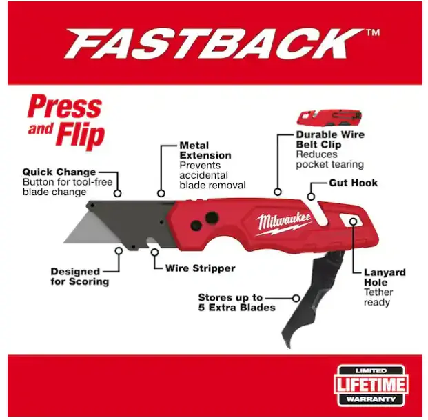 FASTBACK Folding Utility Knife with Blade Storage and General Purpose Blade