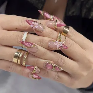 Dusty Pink Floral Press On Nails, Gold Chrome Stiletto Nails, 3D Flower Nails, Elegant Bridal Nails, Soft Glam Luxury Nail Set