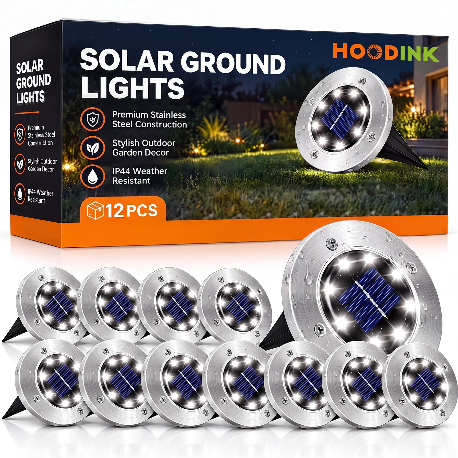 Hoodink Solar Spike Lights - Sun-Powered LED Lights, IP65 Waterproof, Automatic Activation, Cool White, Auto On/Off, No Wiring, Outdoor Accent Lighting for Yard Decking Patio Home Decor Camping Essentials