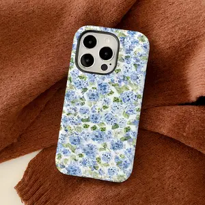 Blue Hydrangea Girly Aesthetic Flowers Phone Case , Shockproof Rugged Cover Dual Layer Soft TPU Hard Bumper Shell for iPhone 7 8 X XR XS 11 12 13 14 15 16 17 Pro Max Plus Cute Magsafe Magnetic