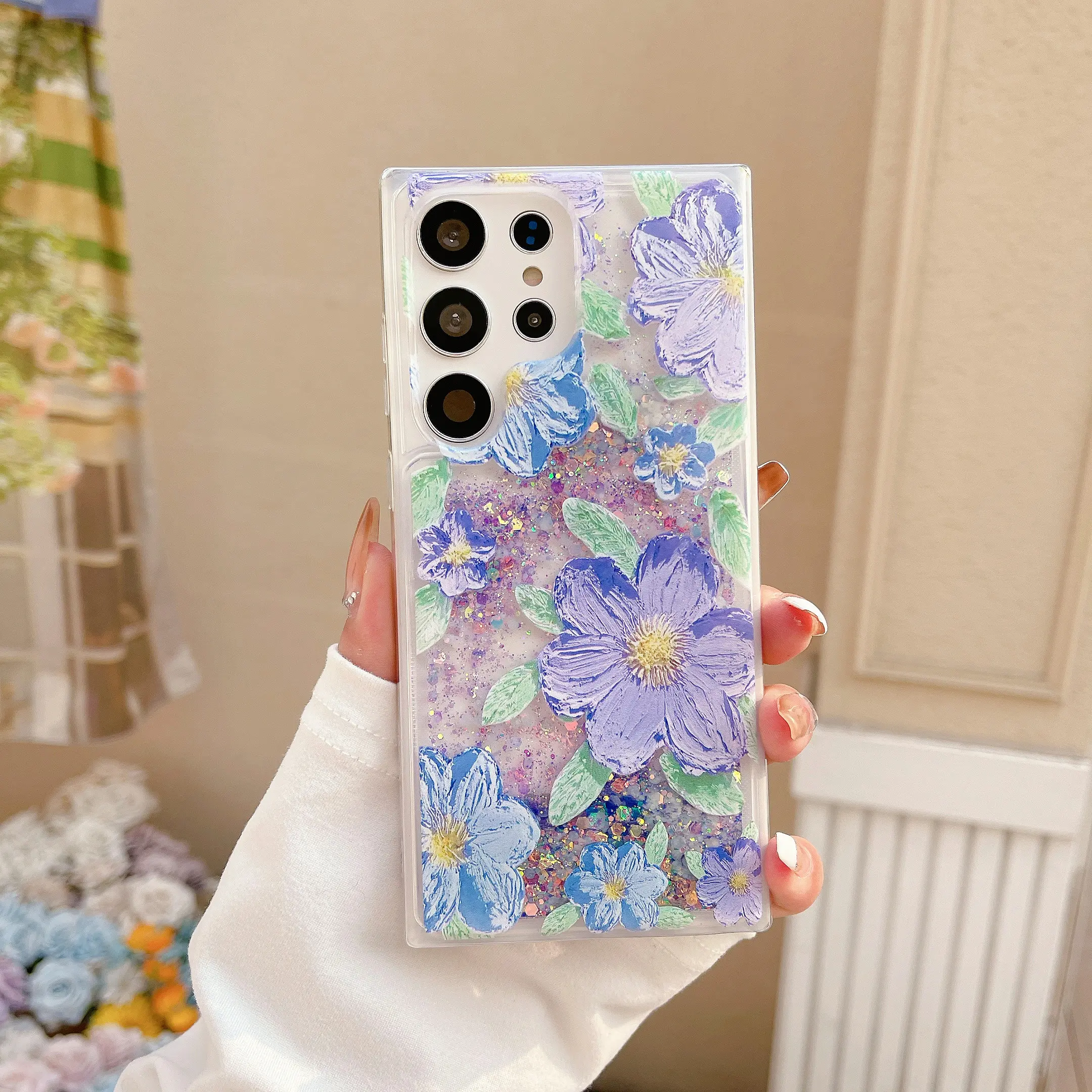 For Samsung Galaxy S26 S25 S24 S23 Ultra Plus S22 Luminous Glitter Floral Clear Phone Case Oil Painting Flower Transparent Shockproof Protective Cover, Glow In Dark Design