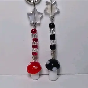 Mushroom Keychain Set with Red & Black Beads and Star Charms for Stylish Accessory