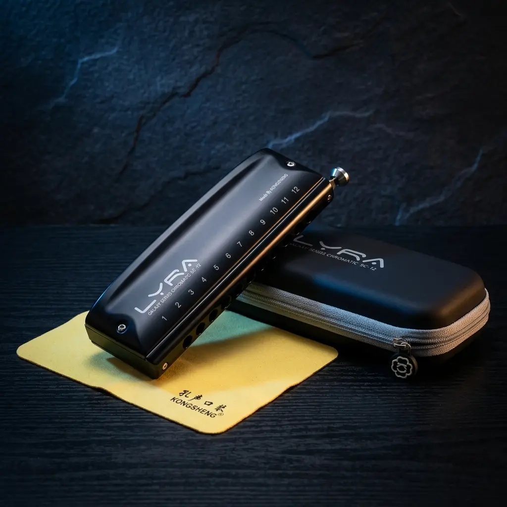 Kongsheng LYRA SC-12 12-Hole Professional Durable Chromatic Harmonica - Obsidian Matte Black Finish, Smooth Stainless Steel Slide, Imported Phosphor Bronze Reeds, Precision Metal Mouthpiece, Anti-Peeling Nano-Valves for Advanced Players