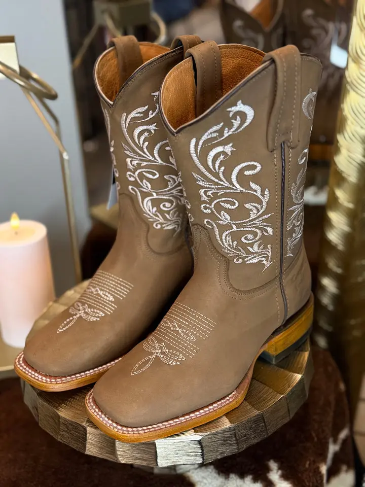 KIARA Women's Tabacco Wide Square Toe Nobuck Leather Boots with Embroidered Design SKU:KIARA-W215 Footwear