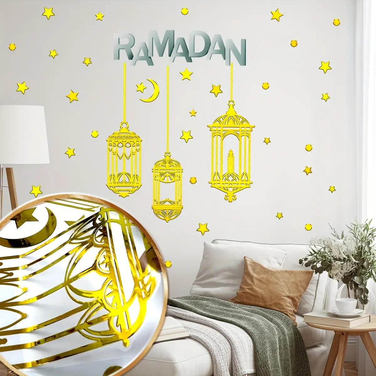 A self-adhesive home decoration sticker with gold stamping craftsmanship and gold-edged Ramadan lantern design for bedroom and living room background walls, TJ11026-ZY