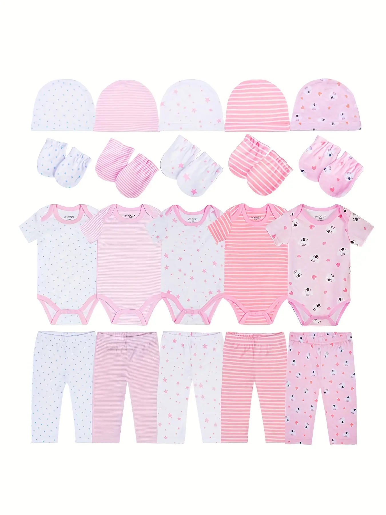 JY.COZY FOR BABY Baby Girl Boy Clothes Unisex Onesie Set 20 Pack 100% Organic Cotton 5 Bodysuits 5 Pants 5 Hats 5 Gloves Infant Pajamas Newborn Outfits Hypoallergenic Breathable Stretchy OEKO-TEX Certified for All Seasons Playdate Christening Photo Shoot