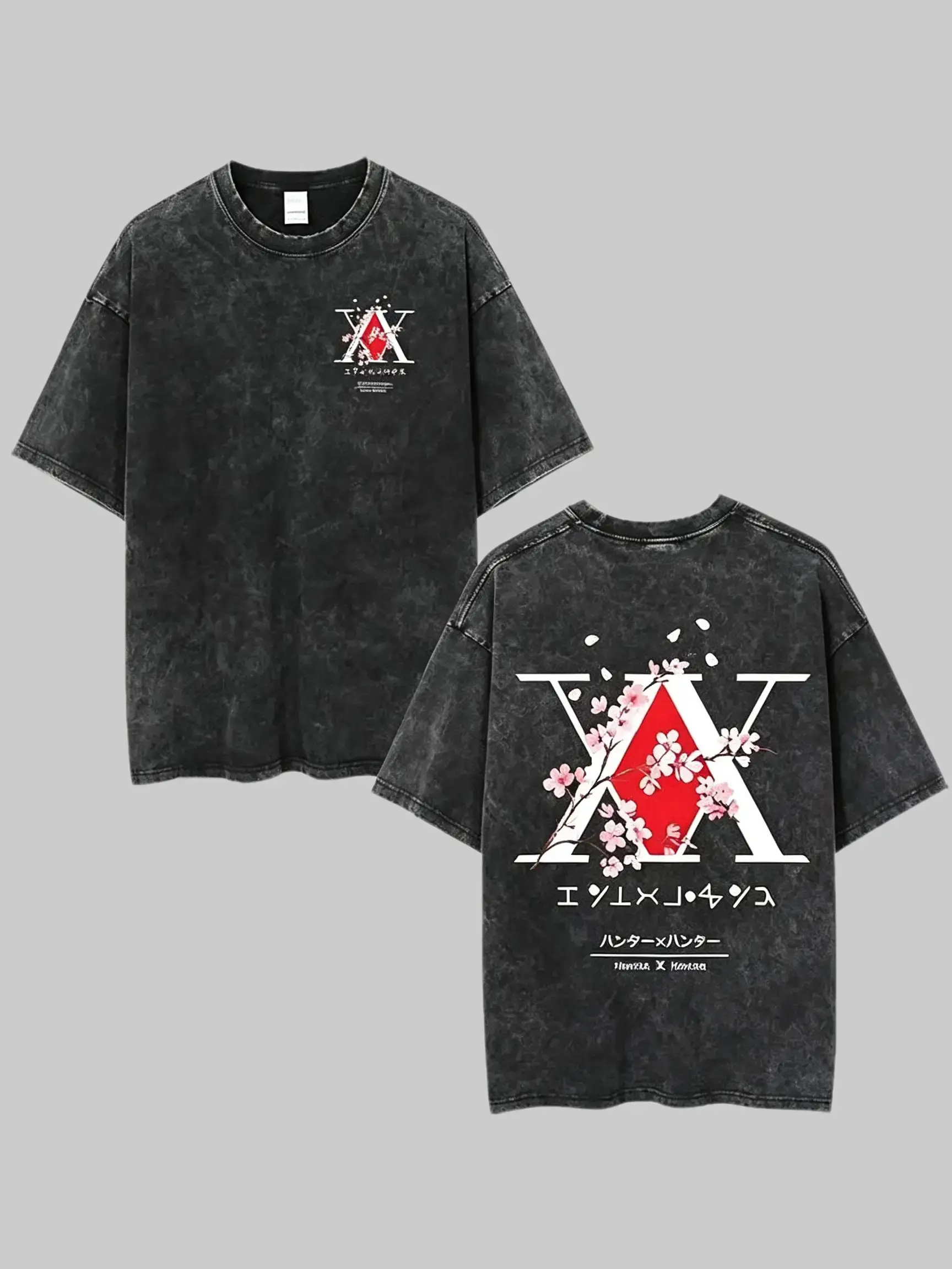 Vintage Washed Graphic T-Shirt for Men, Hunter x Hunter Character Art, Oversized Short Sleeve Heavyweight Cotton Streetwear, Shortsleeve, Casual, Menswear, Round Neck, Harajuku, Graphic Print, Loose-Fit