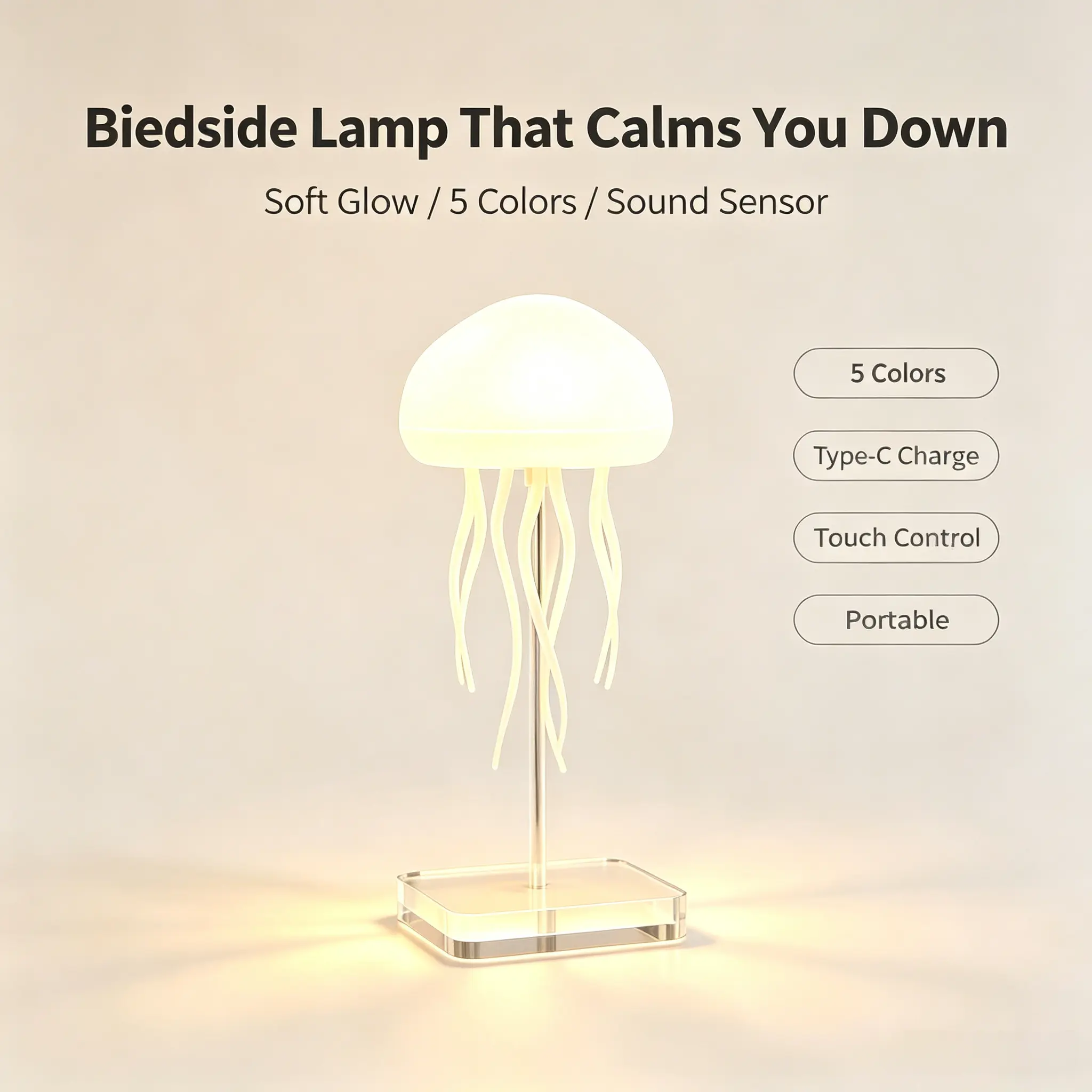 Jellyfish Bedside Night Light, Sound Sensor Touch Control Lamp, 5 Color Changing Soft Glow LED Table Lamp, Type‑C Rechargeable Portable Decor Lamp for Bedroom Home Decor & Gift