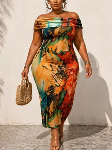 Women's Plus Size Abstract Print One-Shoulder Long Dress, Bodycon Pleated Neckline, Perfect for Summer Vacation, Party, Streetwear, Casual