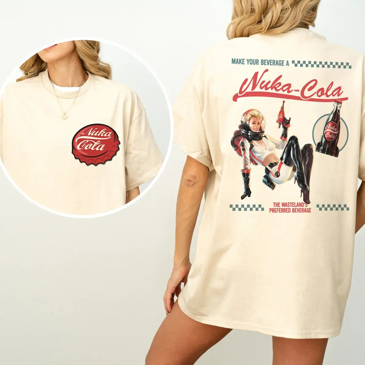 Fallout Graphic T-Shirt, Retro Nuka Cola Bottle Cap with Vintage Ad on Back, Video Game Shirt, Fall Out Vault Tec Memorabilia Merch Tee T-shirt