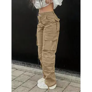 High-Waisted Wide-Leg Cargo Jeans for Women - Y2K Streetwear Style, Vintage-Inspired Grey Denim with Flap Pockets, Loose Fit & Polyester Fabric, for Casual Outings, Plus Size Jeans Pants Womenswear Can be used with a raincoat