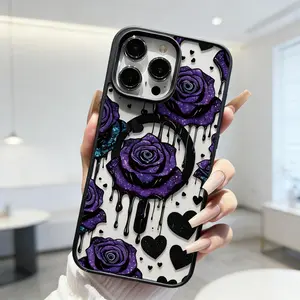 Purple Rose Pattern Premium Magnetic Phone Cases for iPhone 17 16 15 14 Pro Max 13 12 11 Plus Shockproof Acrylic Cover Magsafe Protector Casing