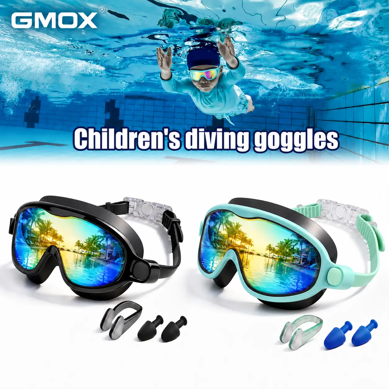 Kids' Fog-Free Soft Swimming Goggles, Large Eye Wide-View with Adjustable Strap, Anti-Leak, Earplugs & Nose Clip, Summer Water Sports Gear for Ages 3-15 (Pool, Beach Use)