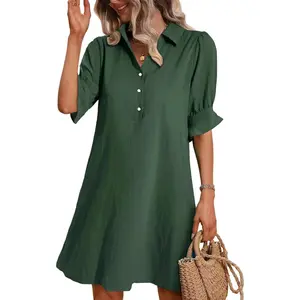 Womens Casual Shirt Dress Ruffle Sleeve Solid Color Button Down Shift Summer Dresses with Pockets